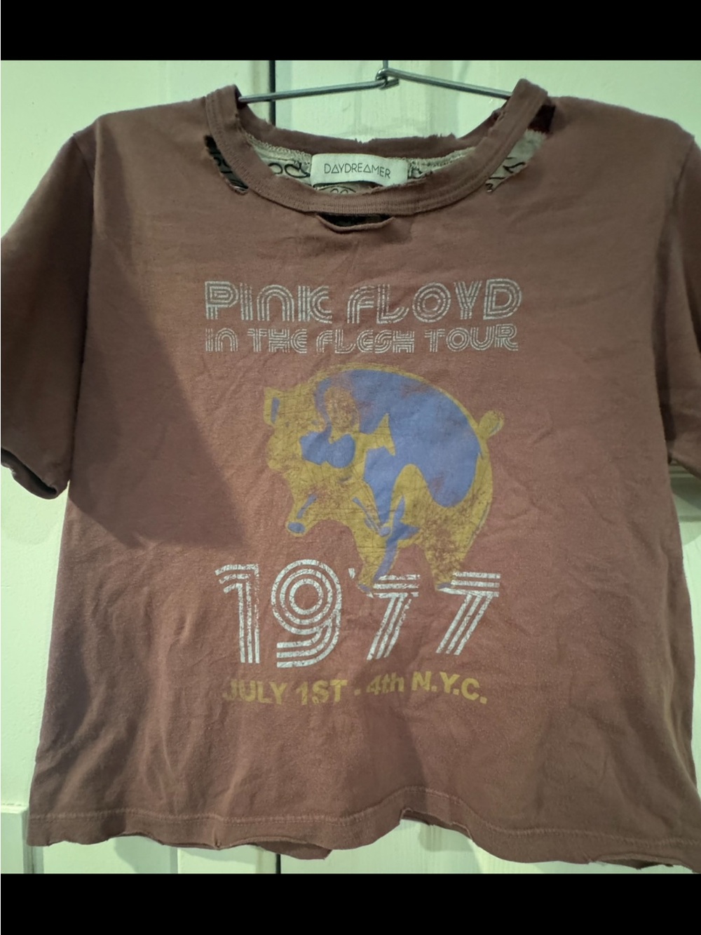 Pink Floyd 1977 Graphic Tee - Mauve with Blue & Yellow Print by Daydreamer.
